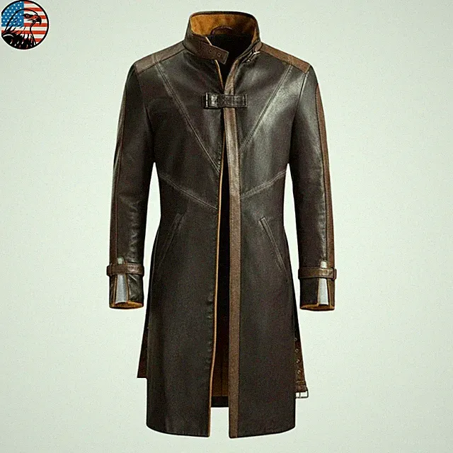 Men's Aiden Pearce Watch Dogs Brown Real Leather Trench Coat Cosplay Long Jacket