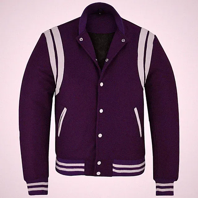 Unisex Varsity Jacket Purple White Double Stripes Bomber Baseball Retro Sports